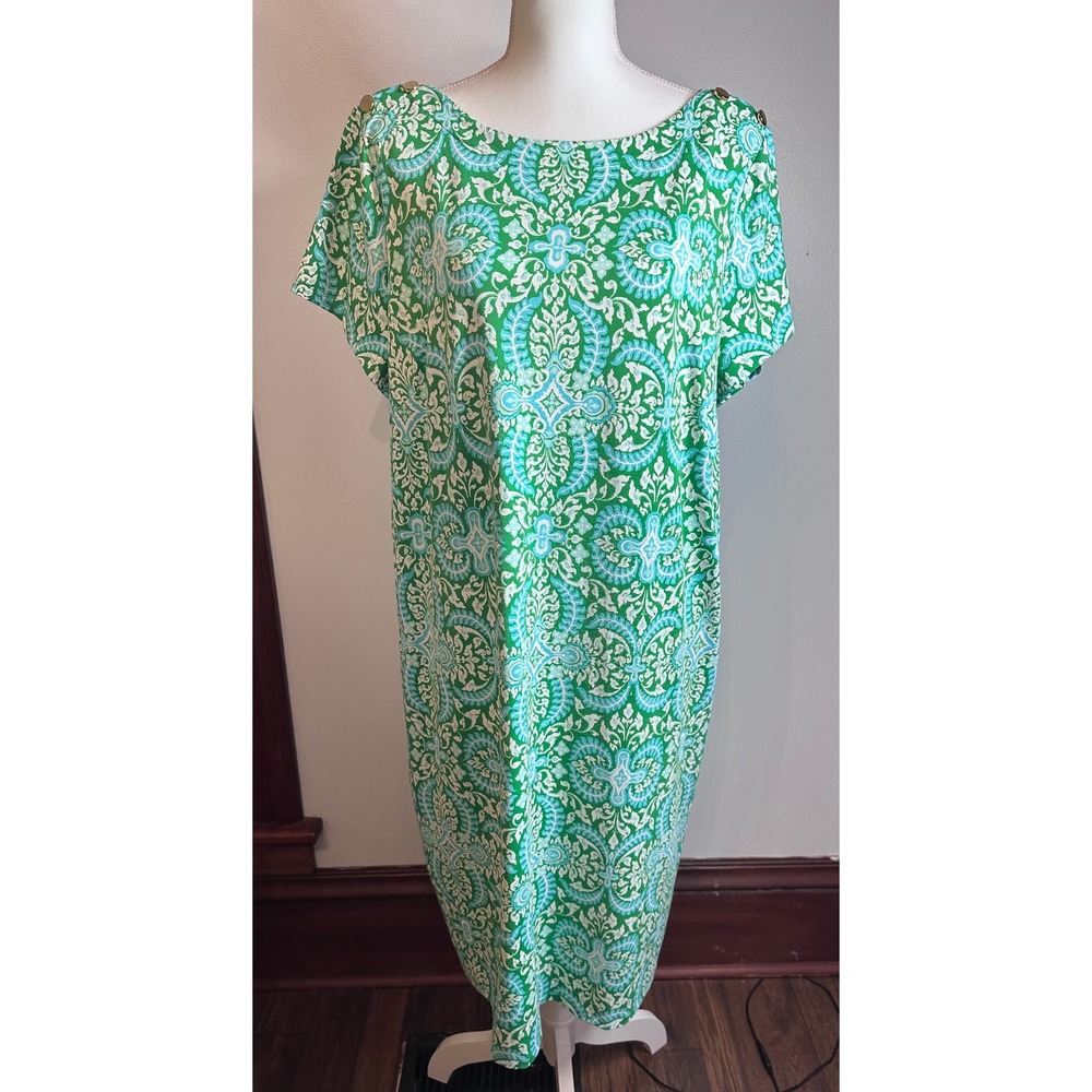 Talbots green  Paisley Damask print Dress Gold Button Shoulder Womens XXL
